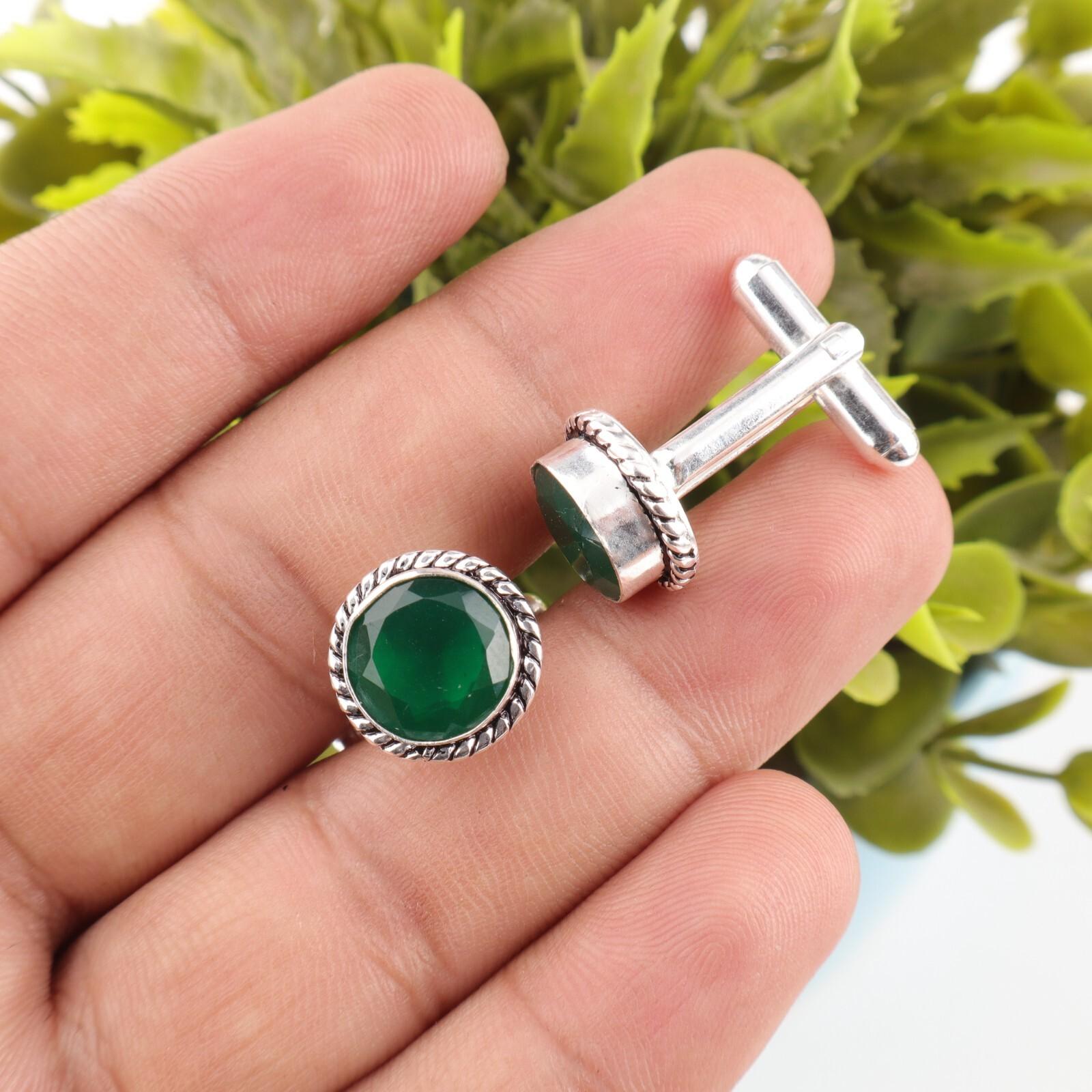 

Natural Green Onyx Gemstone 925 Sterling Silver Jewelry Handmade Cufflinks0.51 CL-3-20