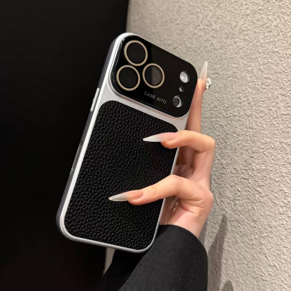 

Litchi Pattern Phone Case Matte Textur Glass Large Window Phone Shockproof Case with Hanging Holes for iPhone17 ProMax/17 Pro 17 Pro Max чёрный