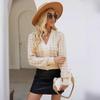 Women's Short Knitted Cardigan Autumn Winter Houndstooth Jacquard Loose V-neck Lantern Sleeve Knitted Sweater Coats for Women