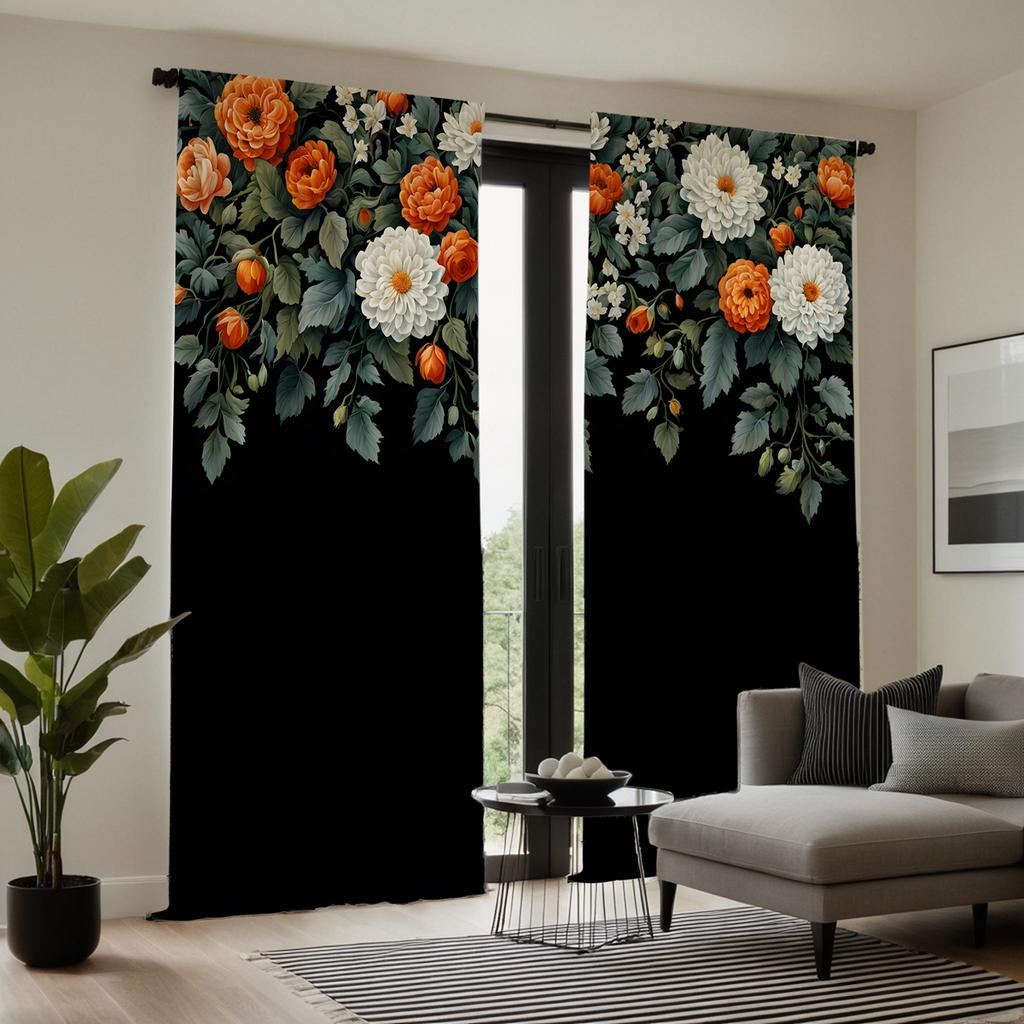 2pcs HD flower rich peony flower open decorative curtain Black tie digital printed curtain Home decoration style decoration l