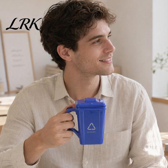Mini Recycling Bin Mug Funny Trash Ceramic with Lid, Novelty Garbage Can Drinking Tea Cup Handle, Coffee Mug, Gag Gifts for Coworkers, Office