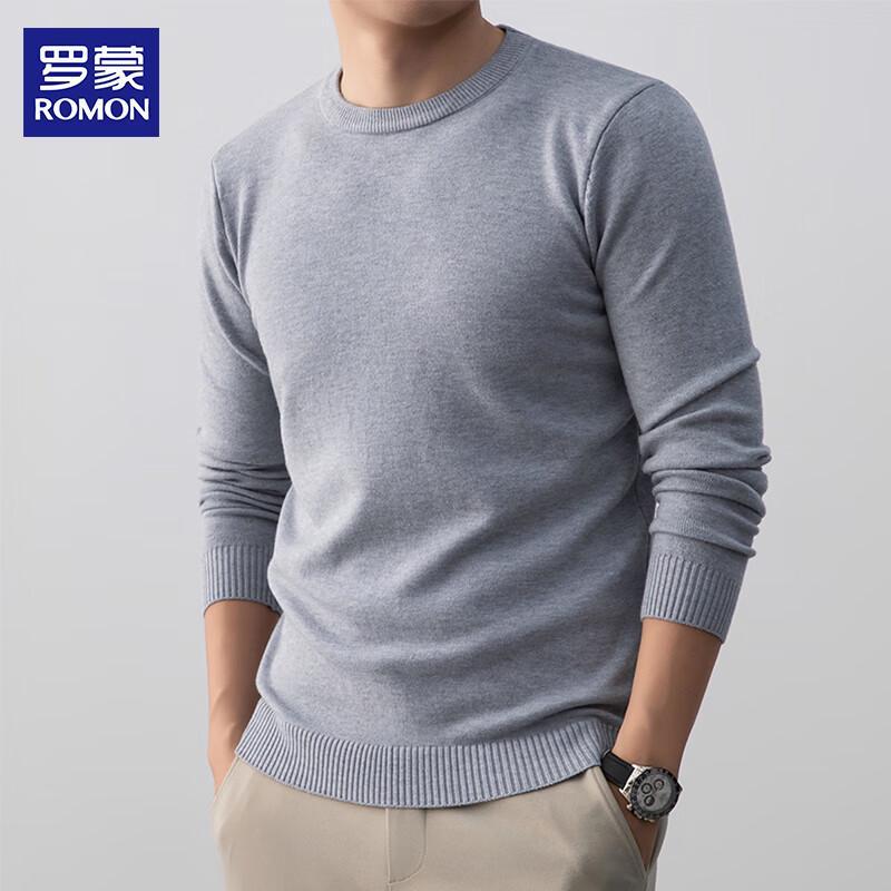 ROMON Men's Solid Round Neck Long Sleeve Sweater