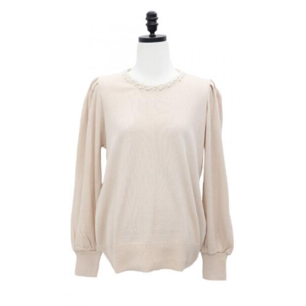 Shiz Madam Women S Pearl Necklace Decoration Balloon Sleeve Knit Top T57213