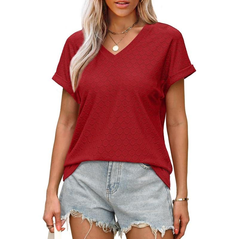 VEZFAA Camicette e camicie con scollo a V a maniche corte con stampa tinta unita primavera estate casual alla moda da donna