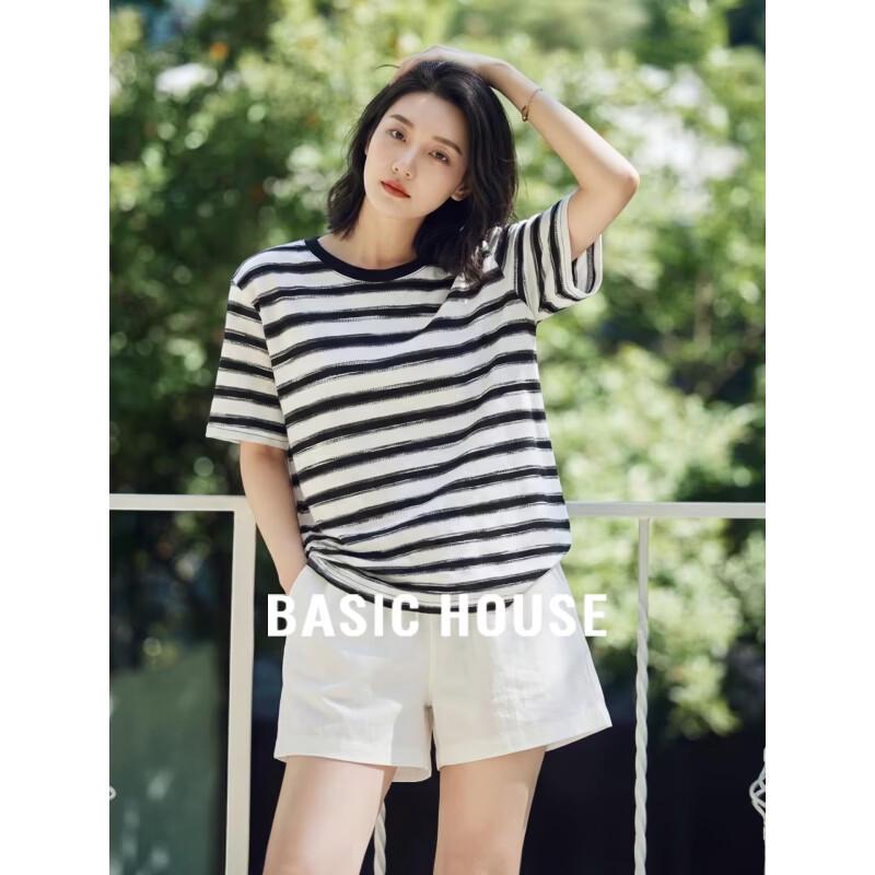 Basic House Stripe Round Neck Short Sleeve T-Shirt L