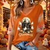 Women's V-Neck Casual Halloween Print Three-Quarter Sleeve Top for Fall Festive Occasions