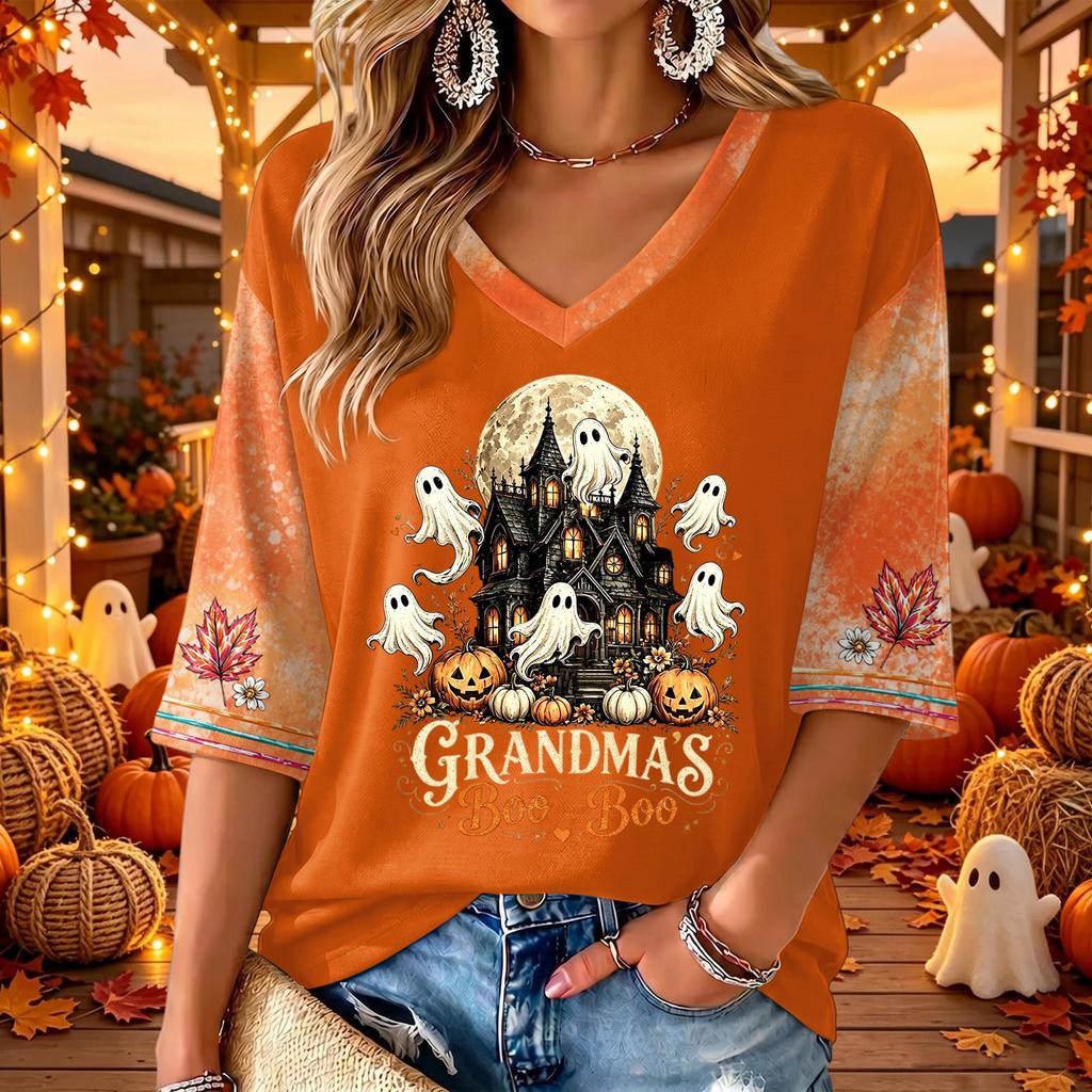 Women's V-Neck Casual Halloween Print Three-Quarter Sleeve Top for Fall Festive Occasions