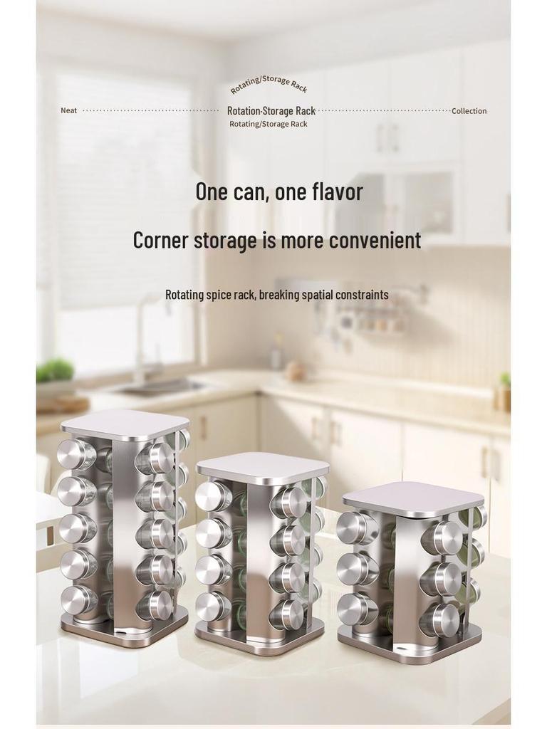 Otočný vícevrstvý nerezový kuchyňský stojan na koření s hliníkovou základnou a zaoblenými rohy