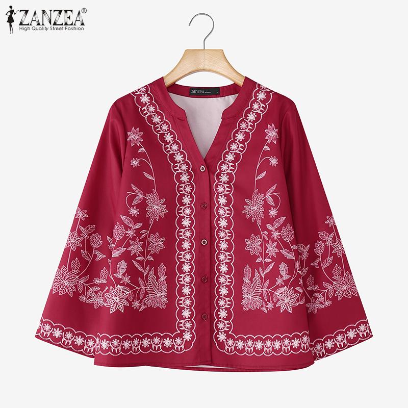 ZANZEA Ethnic Print Casual V-Neck Long Sleeve Women Blouse