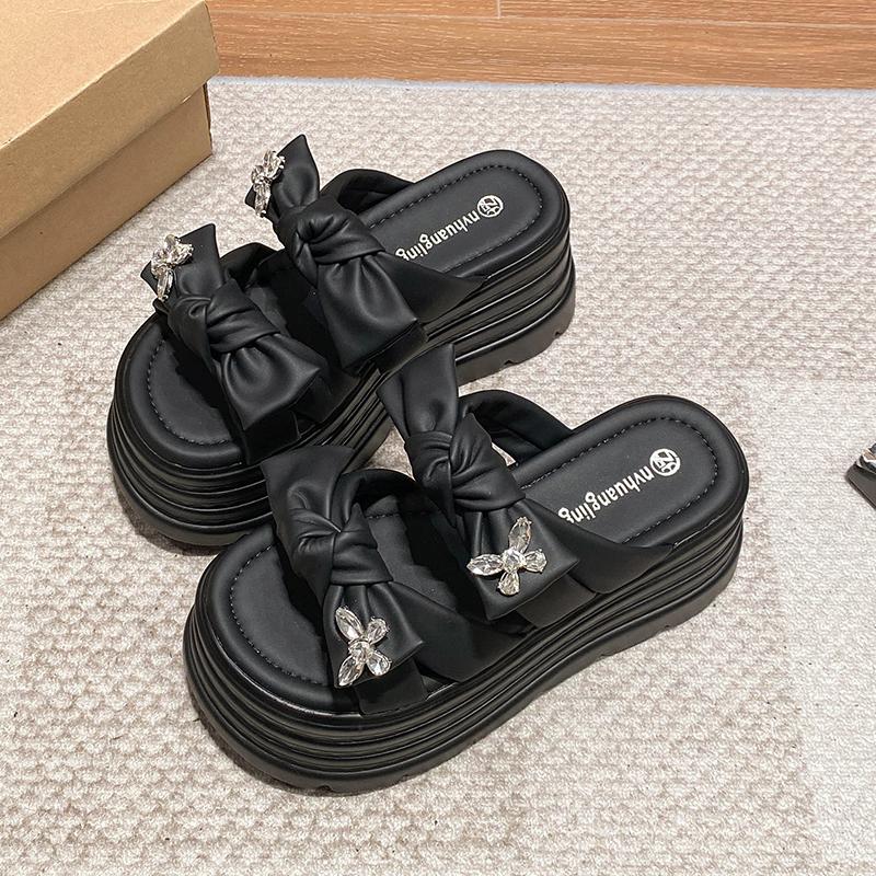 Fashion Women High Platform Butterfly-knot Slippers New 2025 Summer Beach Ladies 8.5CM Wedge Heels Shoes Woman Outside Chunky Sandals