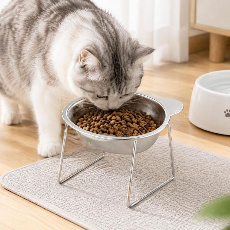 Futter- und Wassernapf für Katzen mit Ständer, glatte 304-Metallkonstruktion, abgerundeter Rand und markante Ohrenprofil-Akzente
