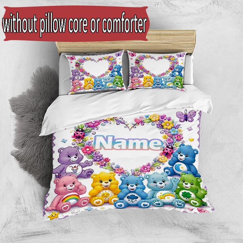 3'lü Nevresim Takımı (1*Nevresim Kılıfı + 2*Yastık Kılıfı, Çekirdeksiz), Kişiye Özel İsimli Care Bears Desenli Nevresim Takımı, Ev Yatak Odası Dekorasyon Hediyesi