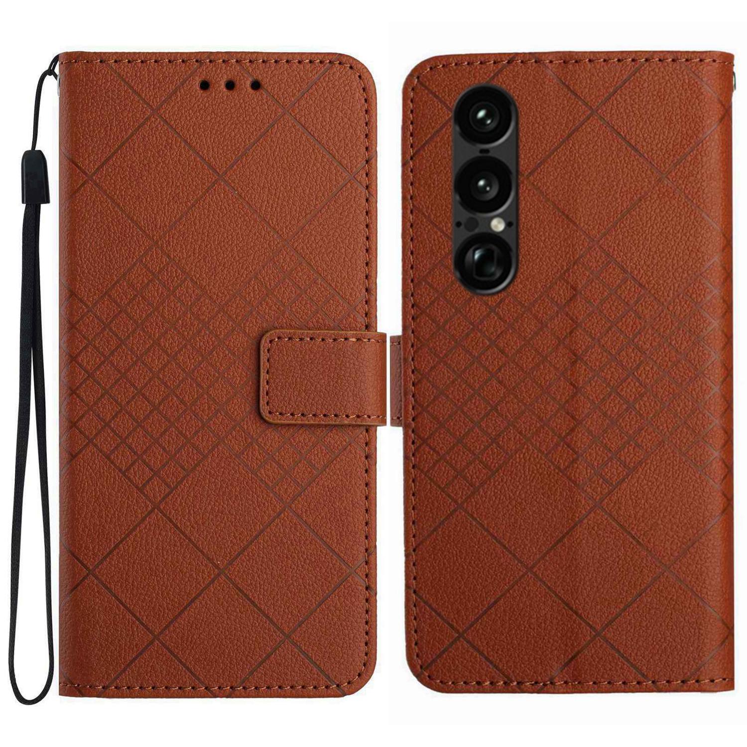 

For Sony Xperia 1 VII Case Wallet Imprint PU Leather Flip Folio Phone Cover Brown