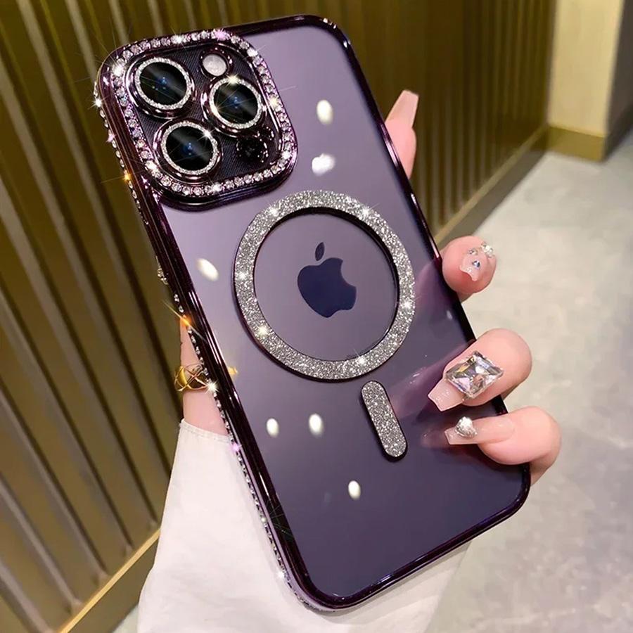 New Fashion Glitter Diamond Transparent Case For 17 16 15 14 13 11 12 Pro Max Funda Magnetic Wireless Charge Bumper Cover