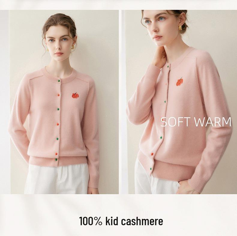 Women's 100% Pure Cashmere Cardigan with Colored Buttons, Round Neck, and Fruit Embroidery.