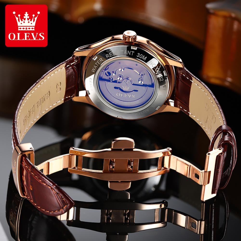 OLEVS Men's Watches Casual Trend Leather Strap Original Self-winding Mechanical Wristwatch for Man Waterproof Luminous Date Week
