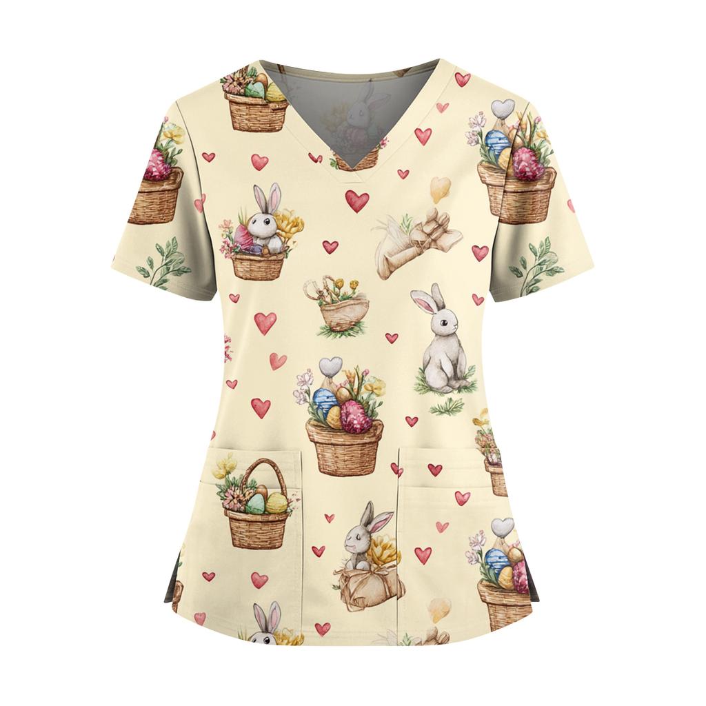 Damen Osterdruck V-Ausschnitt Doppeltasche Kurzarm Uniform Top mit geschlitztem Saum