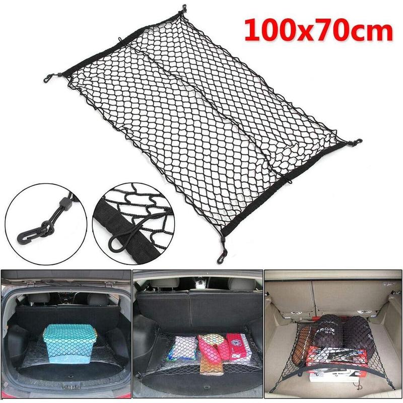 Universelles 100x100cm Auto Heck Kofferraumnetz mit 4 Haken Elastisches Gepäcknetz Fracht Organizer Aufbewahrung Nylon Maschennetz Auto Innenraum Netz