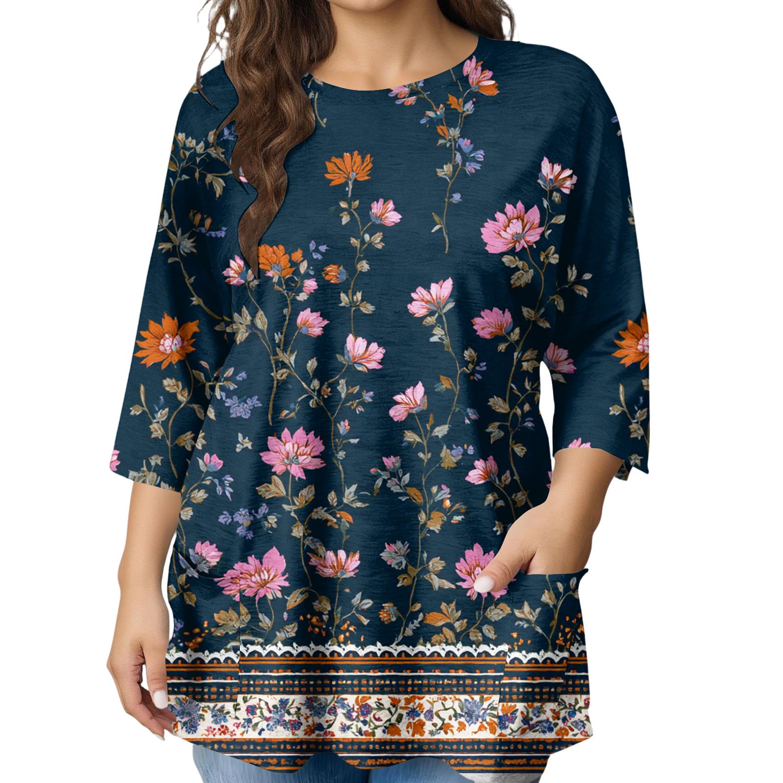 

Жіноча модна блуза великого розміру з принтом, з коротким рукавом, для елегантного офісу та повсякденного носіння XL Темно-синій