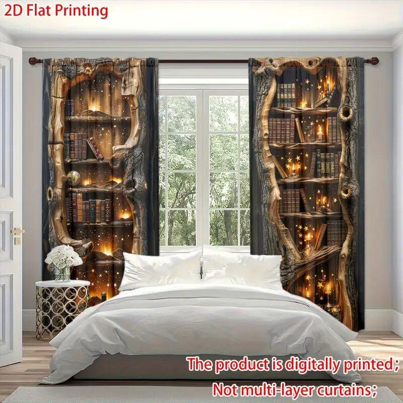 2 Pcs Tree hole bookshelf print curtains,suitable for bedroom,living room kitchen decoration,home decoration,window decoration
