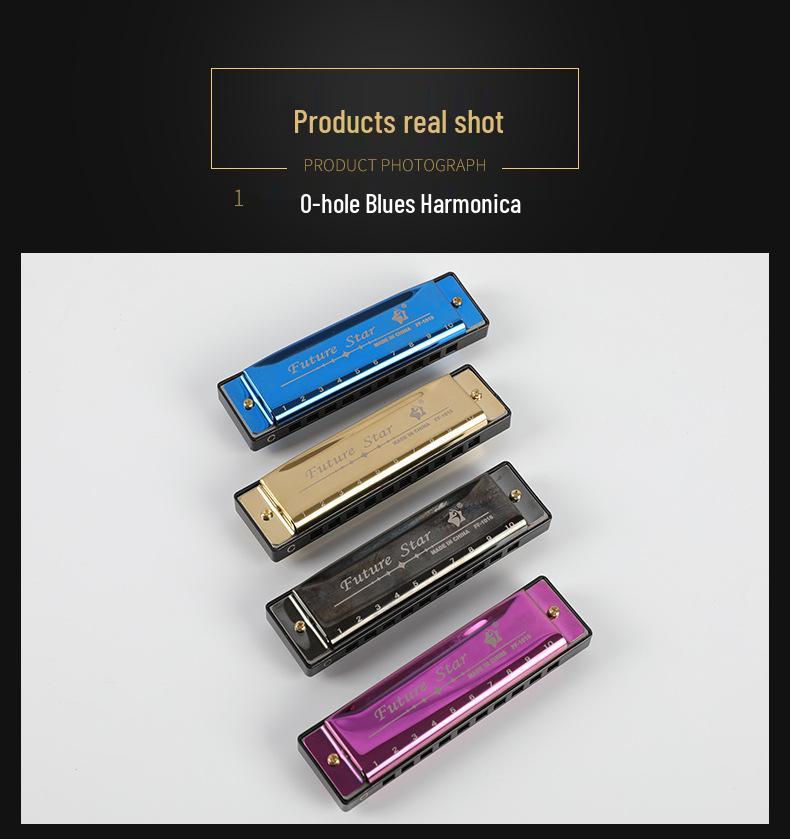 Four-Color Beginner 10-Hole Blues Harmonica in ABS Box