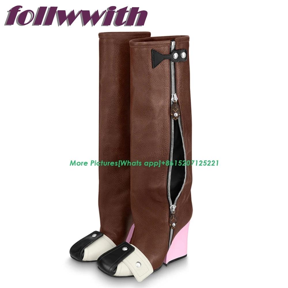 Fashion Patchwork Runway Winter Woman Booties Wedges Knee High Side Zipper Fashion Modern Newest 2025 Shoes Hot Sale Mixed Colors