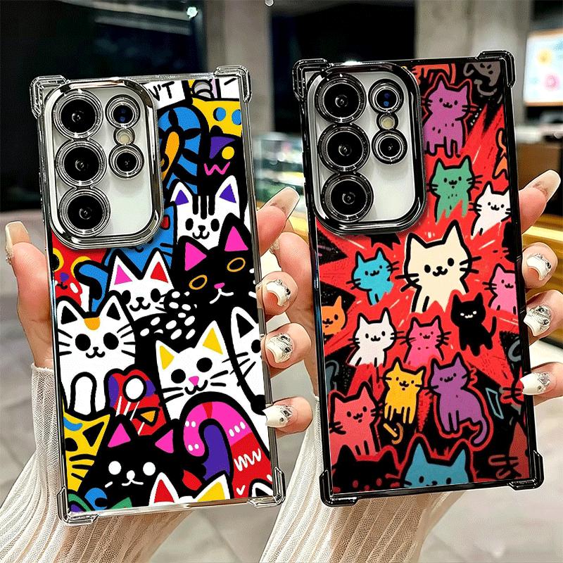 Cartoon Cute Cats Theme Plating Phone Case For Samsung Galaxy S24 S25 FE S26 Edge S23 Ultra S22 S21 Plus S20 Anti-Fall Airabag C