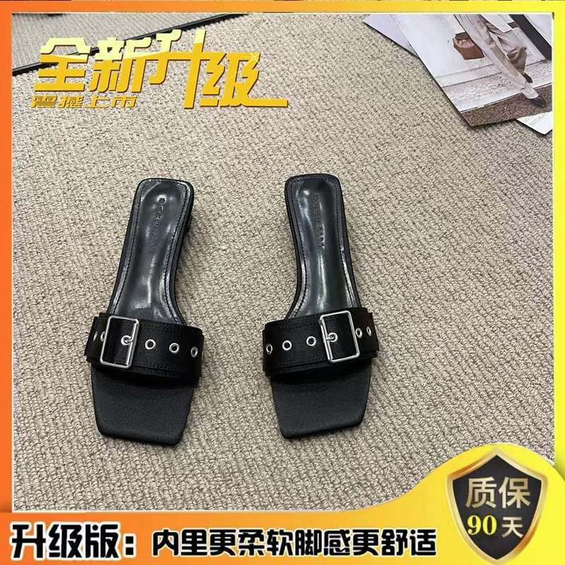 Korean Version of Square Head One-word Drag Rose Red Square Buckle Thin Belt Buckle Square Heel Temperament Low Heel Cool Slippers Women's Summer