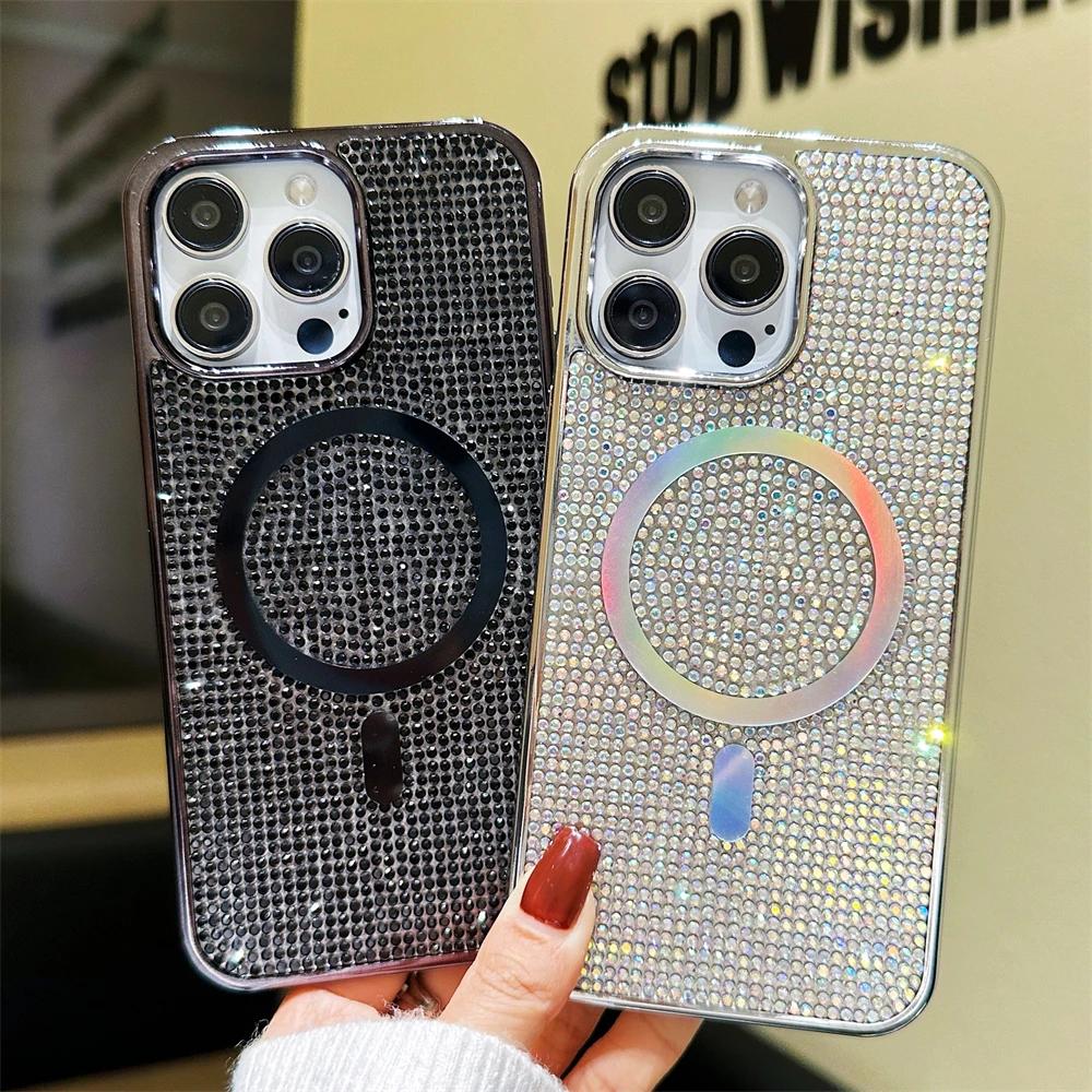 Full Diamond Rhinestones Laser Glitter Magnetic For Magsafe Case For iPhone 15 11 12 13 14 Pro Max Plus Charging Plating Cover