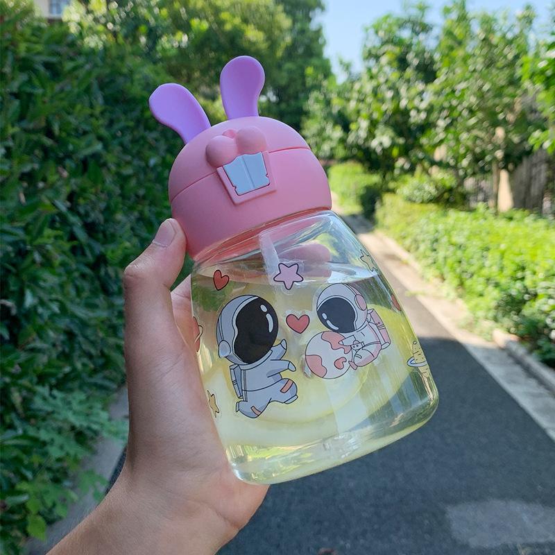 Water bottle high value children's elastic cover plastic water cup rabbit portable with straw cute rabbit large capacity strap cup