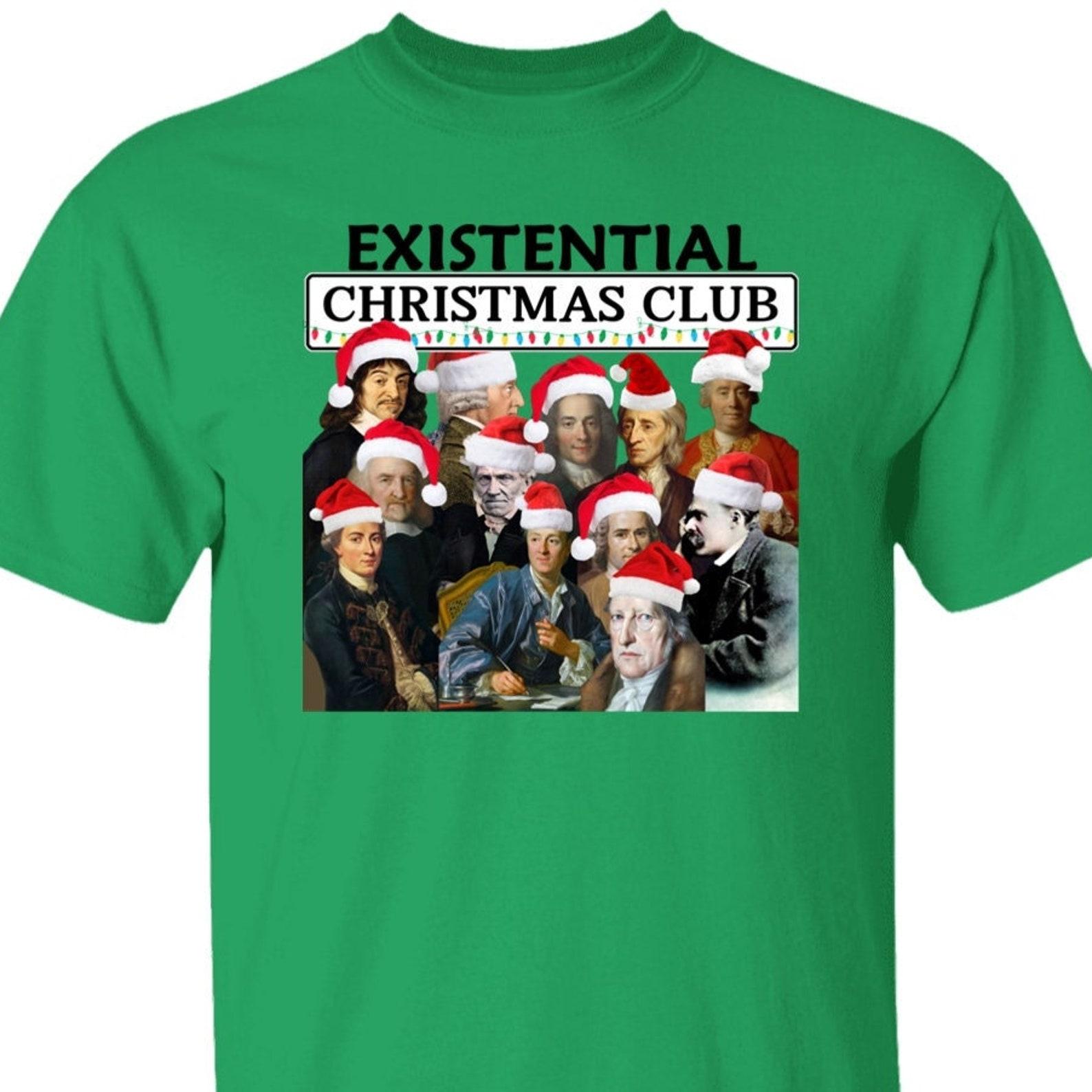 Existential Christmas Club T shirt Thomas Hobbes, Rousseau, Nietzsche, Schopenhauer, Kant, Descartes, Diderot, Hegel, Thomas Locke Tee L