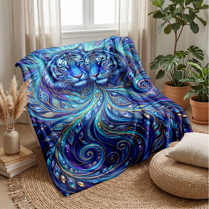 Blue Tiger Fantasy Blanket Personalized Name Flannel Blanket Soft Cozy Plush Throw for Sofa Bed Lightweight Home Decor