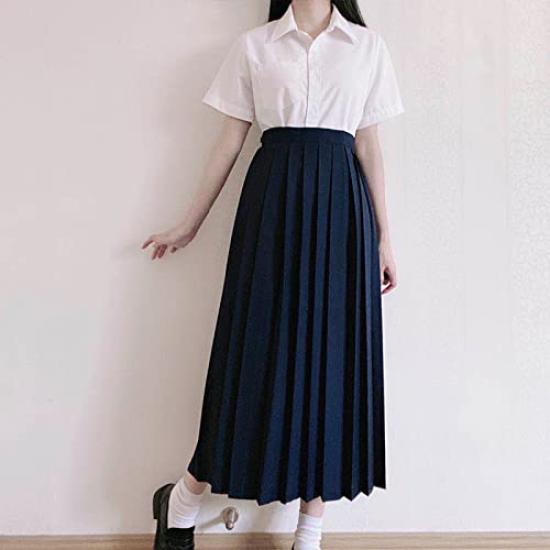 Sharphon Langer Faltenrock mit elastischem Bund in einheitlichen und einfarbigen Plus-Größen, Rock, Schwarz, Marineblau, Grau, Farben, Größen,