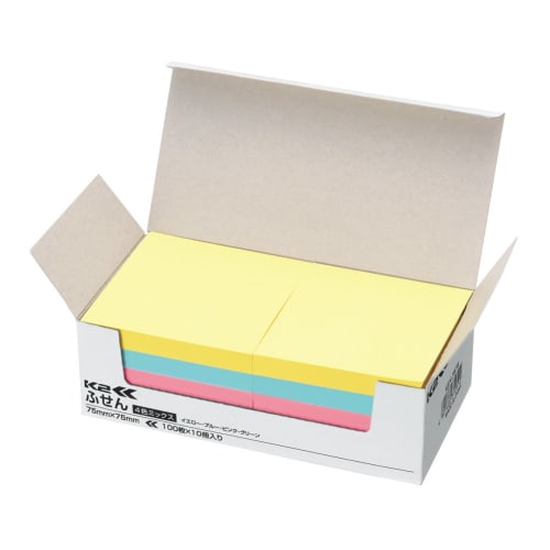 KOKUYO Haftnotizen, Super Value Haftnotizen, 75mm x 75mm, 100 Blatt x 10 Blöcke, 4 Farben gemischt K2me-7575