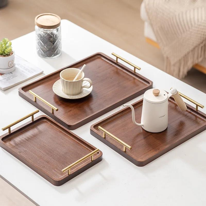 Vintage Nanmu Bamboo Tea Tray with Dual Metal Handles Kosher Je New Year & Festival Serving Platter for Cups/Cakes