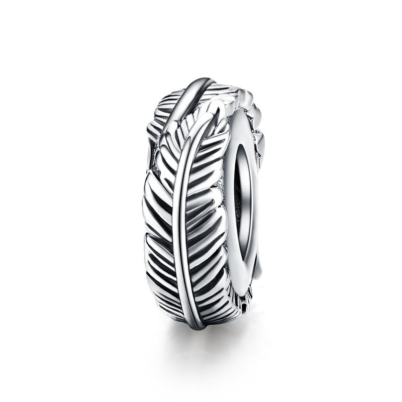 WOSTU 925 Silver Stopper Spacer Beads Cat Feather Round Charm Fit Bracelet Bangle DIY Jewelry Accessories