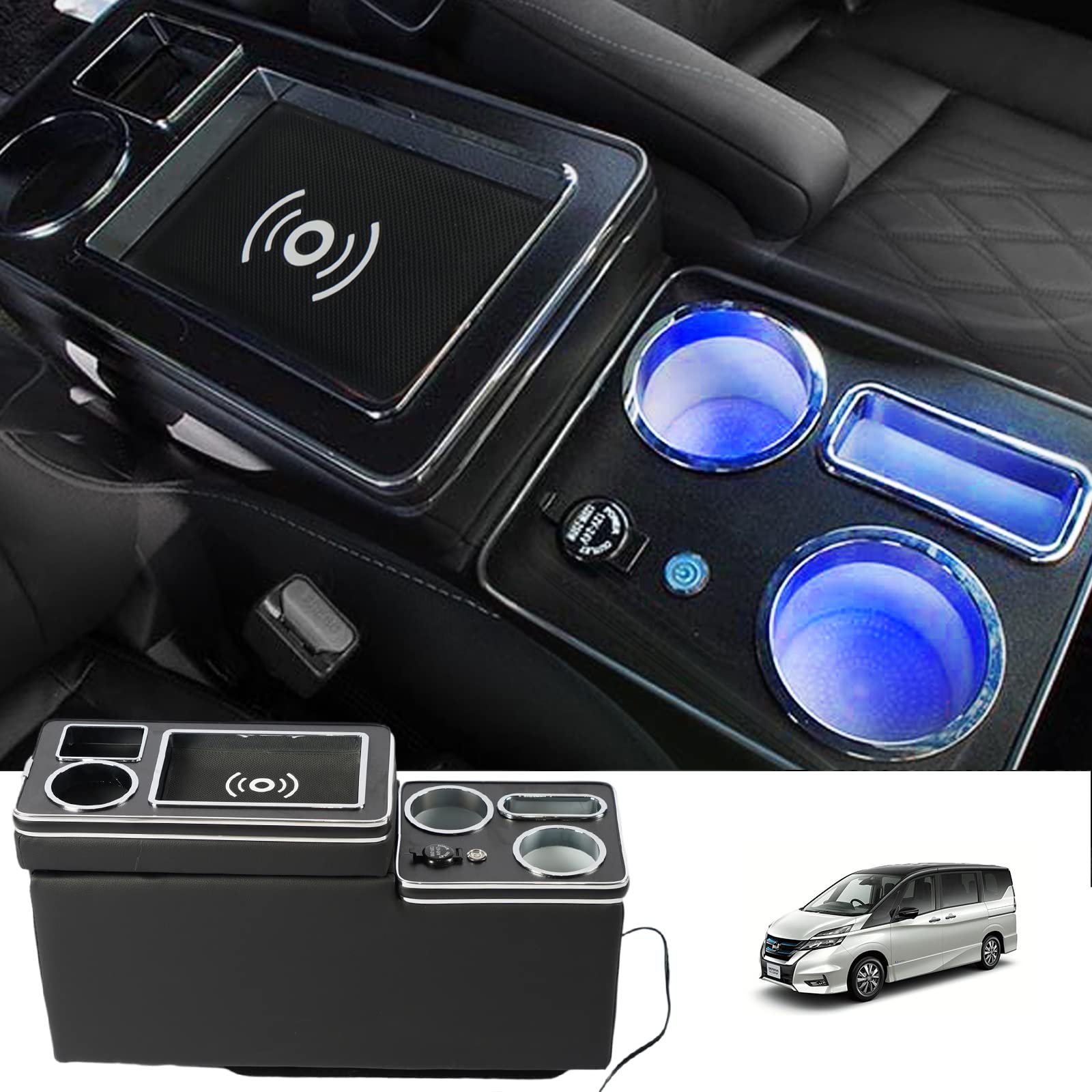 

YESHMA Консольный бокс для Serena C27 Highway Подлокотник Совместим с ранними и поздними моделями 2016 Умная консоль с подстаканником USB Удобный Универсальный чёрный