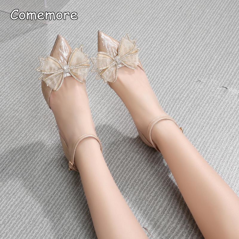 Women's Glitter Bow Rhinestone Stiletto Heel Sandals Platform Ankle Buckle Shoes Bridal Wedding Evening Dress Footwear Elegant