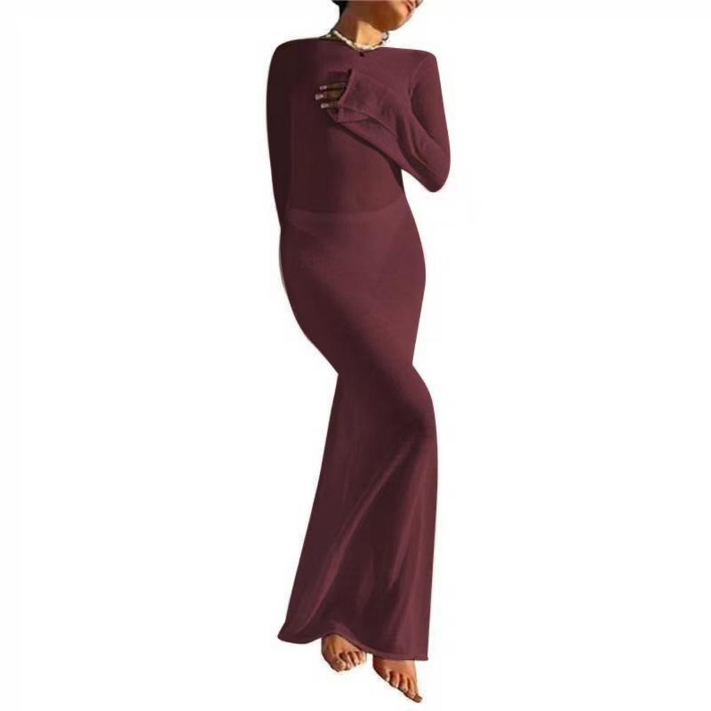 LYRIA Fashion Women Wrapped Dress Long Sleeve Round Neck See Through Sunscreen Solid Color Backless Beach Long Dress Summer Cover Up