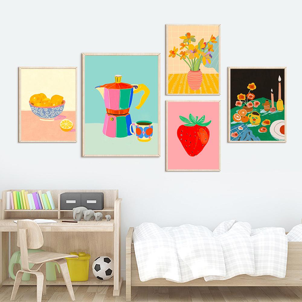 Retro Trendy Floral Rainbow Poster Wall Art Print Abstract Canvas Painting Spaghetti Dinner Date Room Cuadros Decorativos