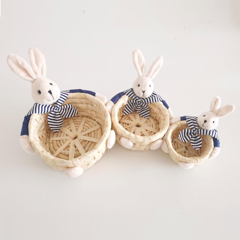 Easter Straw Braided Basket: Handcrafted Corn Husk Storage with Bunny, Bear & Colored Egg Design