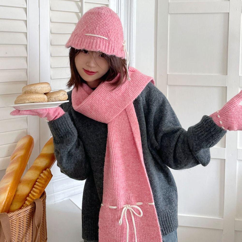 Cute Bow Drawstring Hat Warm Winter Gloves Cartoon Wool Bowknot Scarf  Outdoor