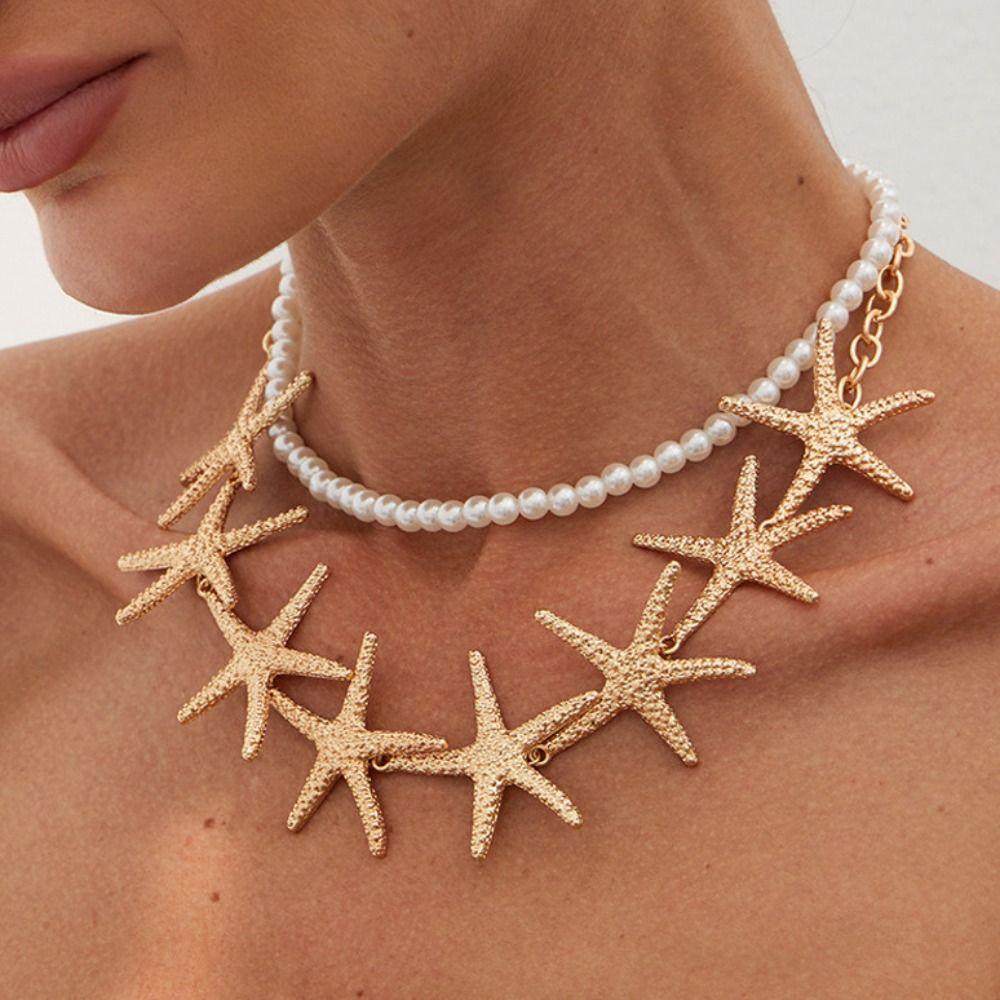 Elegant Starfish Necklace Beach Style Exaggerate Metal Necklace Pearl Shell Necklace  Summer