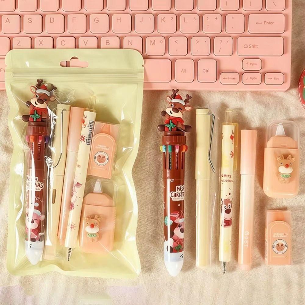 6Pcs/Set Cartoon Christmas Stationery Set 10-color Ballpoint Pen Highlighter Pen Student Tools Gift Kit Correction Tape