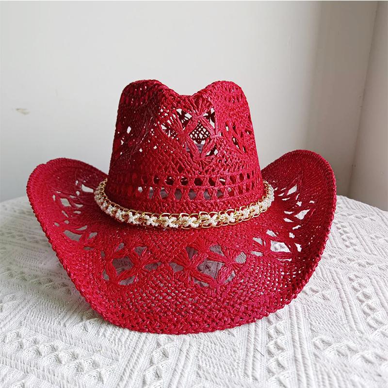 Melesh Western Cowboy Hat Summer Women's Straw Cowboy Hat Pearl Accessories Wide Brim Sun Protection Beach Western Cowboy Hat