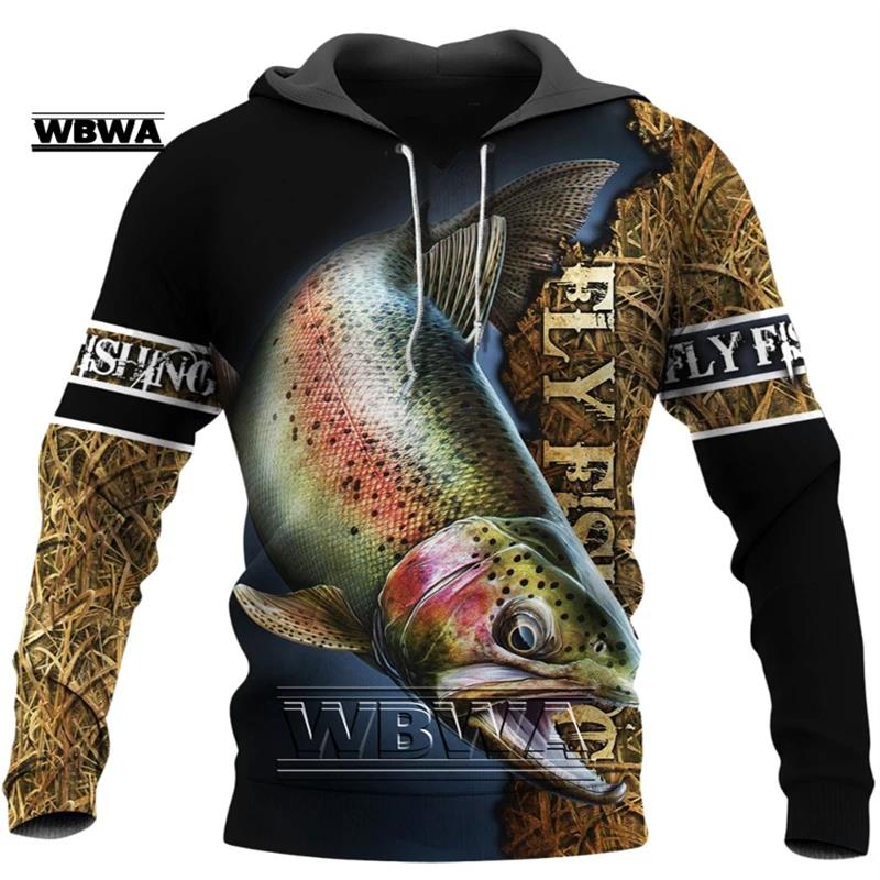 Autumn 3D Fishing Printed Hoodies Fashionable Casual Sports Long Sleeved Men's Hooded Sweatshirts