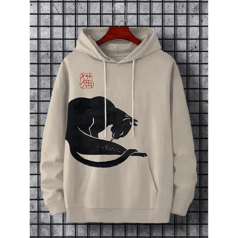 Men's Hoodie Cartoon Cute Cat Print Y2k Sweatshirt Harajuku Hooded  Pullover Casual Oversized Long Sleeve Top Men's Clothing