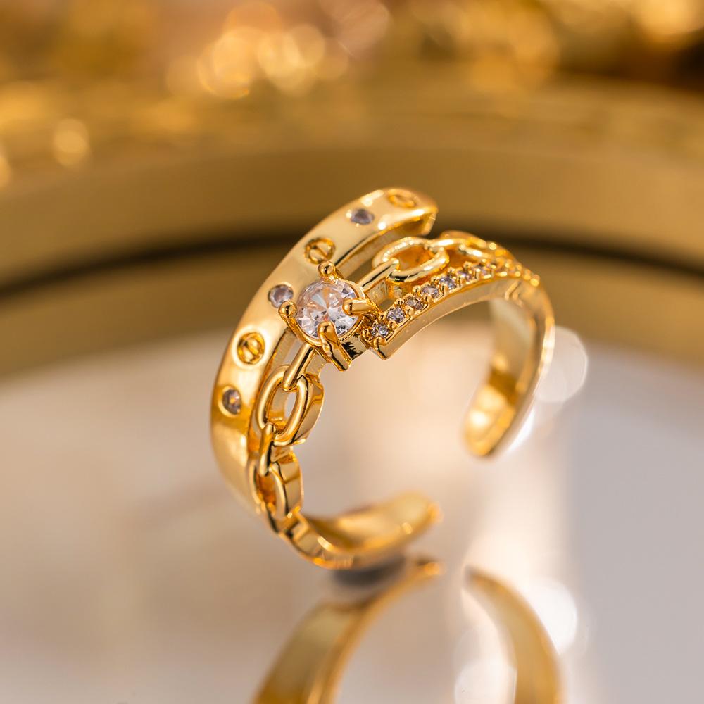 Exquisite super flash zircon ring for girls, light luxury, high-end sense opening adjustable ring, simple real gold electroplating