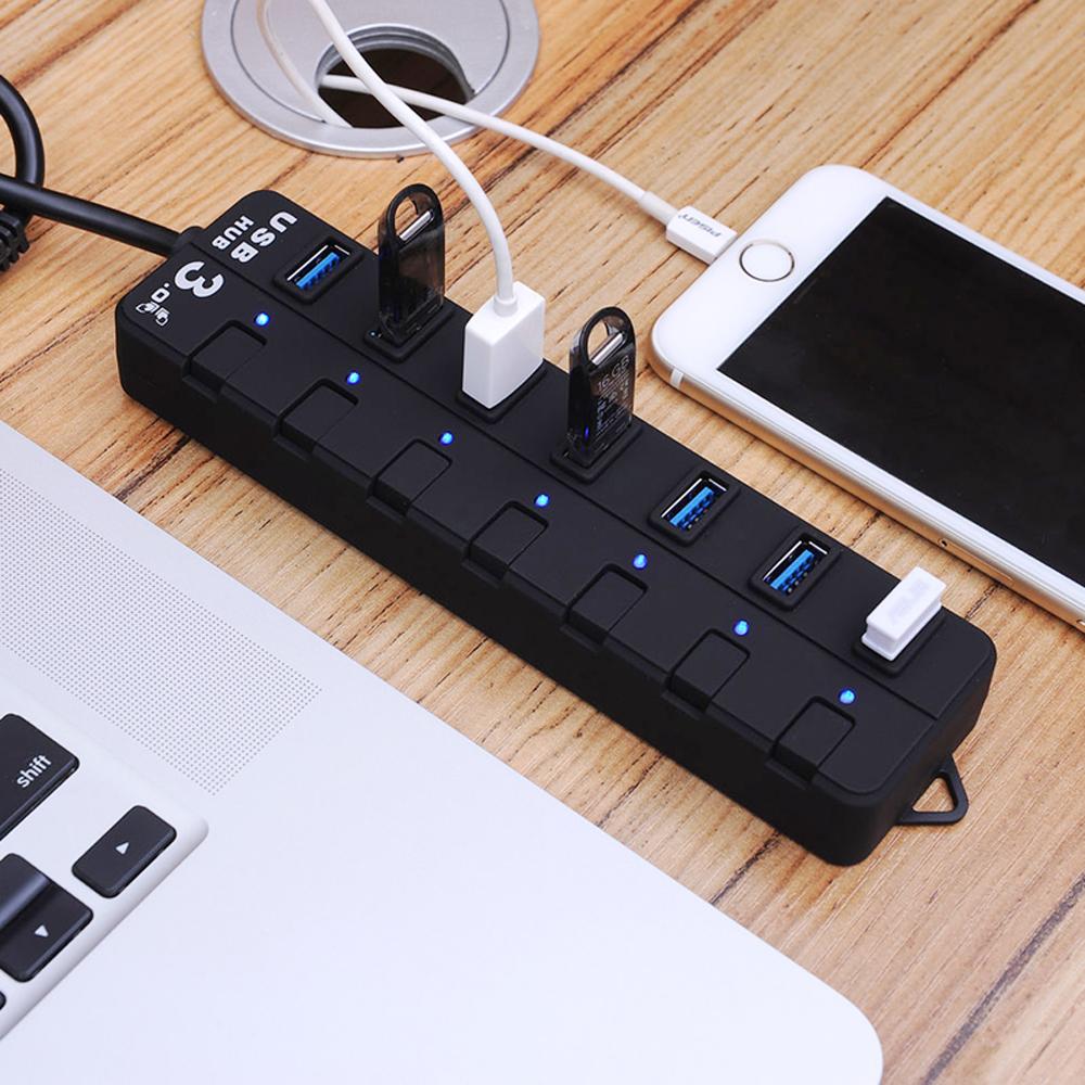 CE Certified 7-Port USB 3.0 Hub 4ft Cable 5Gbps Speed High-Speed ROHS Individual Switches Data Transfer PC Laptop Rubber Oil