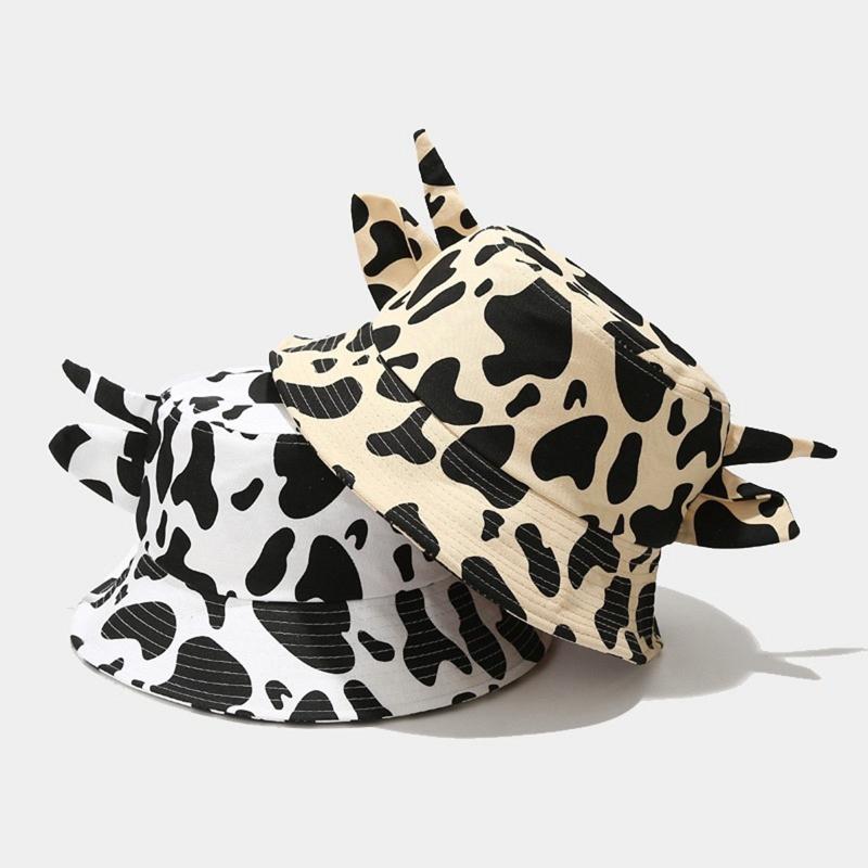 Summer for Sun Cap Wide Brim Fisherman Hat Cow Print Bucket Hat with Horns & Ear